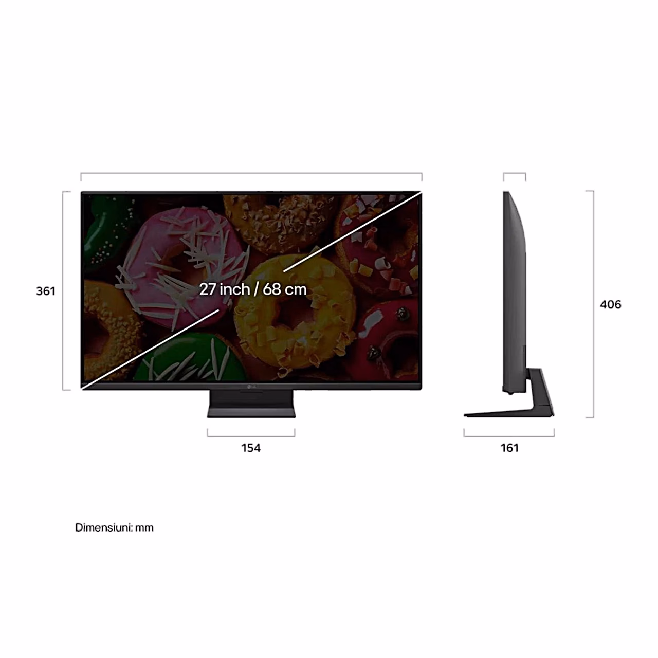 Mõõtjoonis: teler LG 27LB70003LA, laius 61,2 cm ja alusega kõrgus 40,6 cm