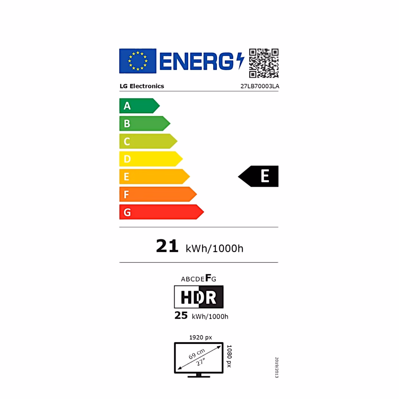 Energiamärgis: teler LG 27LB70003LA, SDR-klass E ja HDR-klass F (skaala A–G)