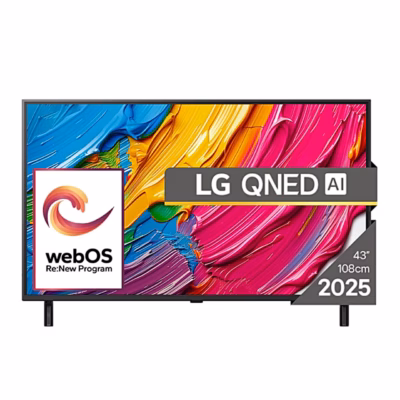 Teler LG 43QNED80A3A eestvaade, ekraanil LG QNED AI ja webOS-i märgistus