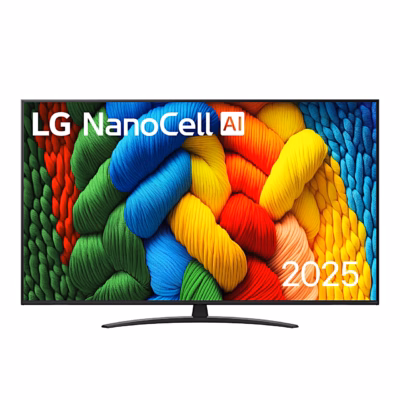 Teler LG 65NANO81A3A eestvaade, ekraanil LG NanoCell AI kiri