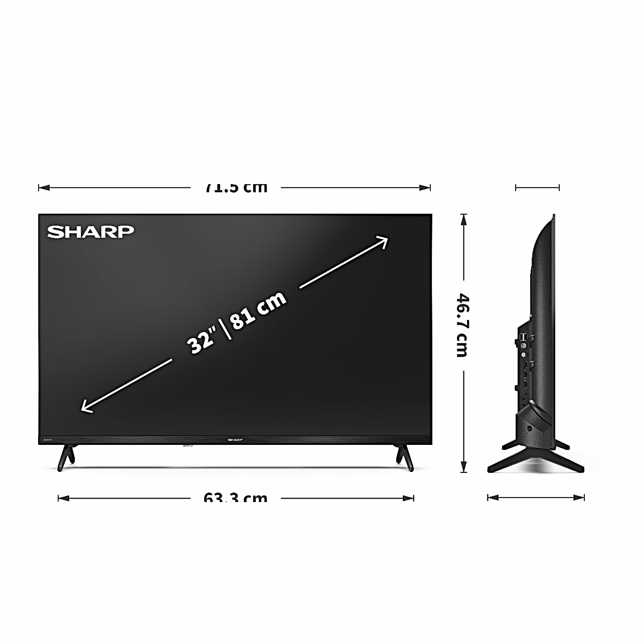 Sharp 32HF2265E teleri mõõdujoonis, laius 71,5 cm ja kõrgus alusega 46,7 cm
