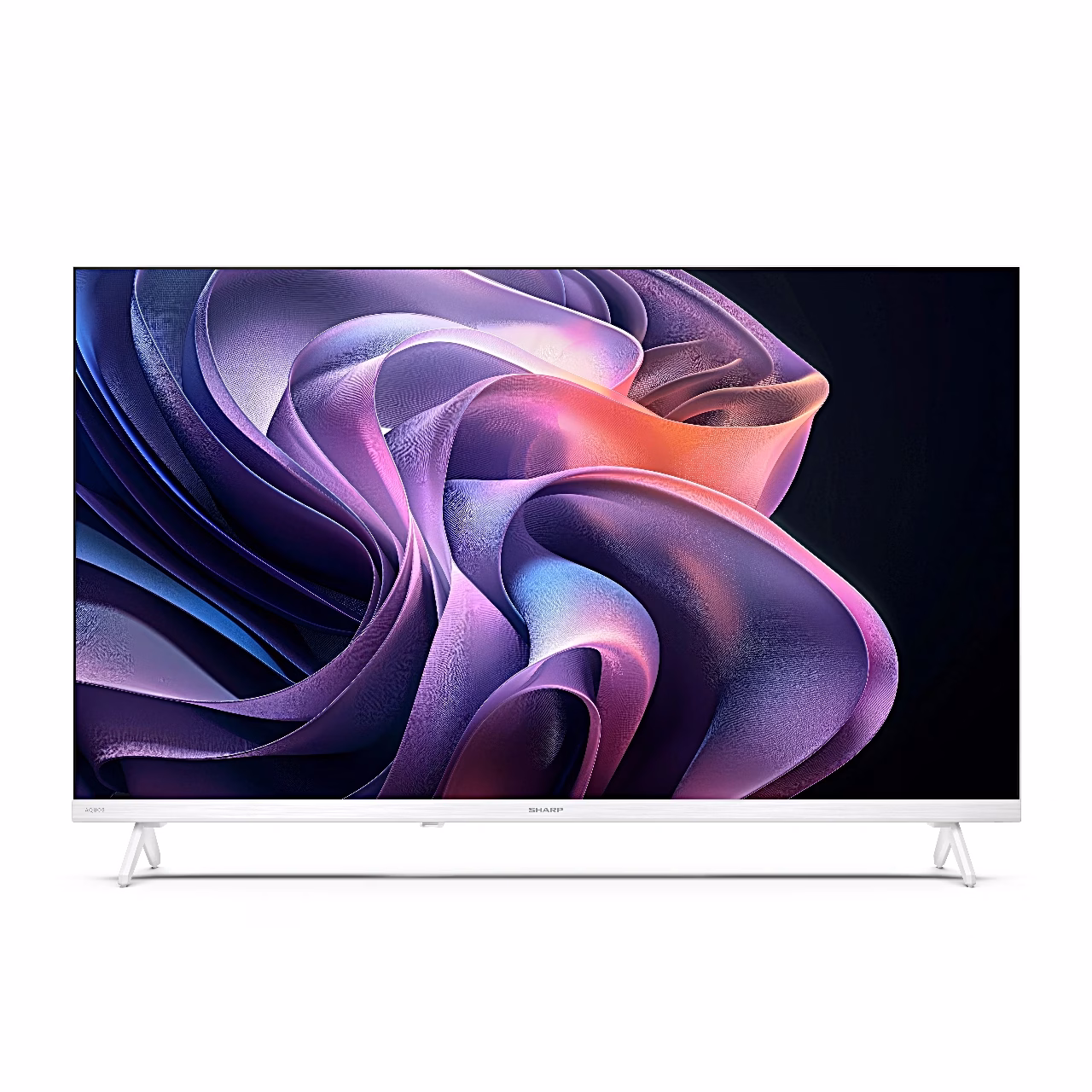 Valge teler Sharp 32HF2265EW eestvaates, ekraanil roosakaslilla abstraktne kujund