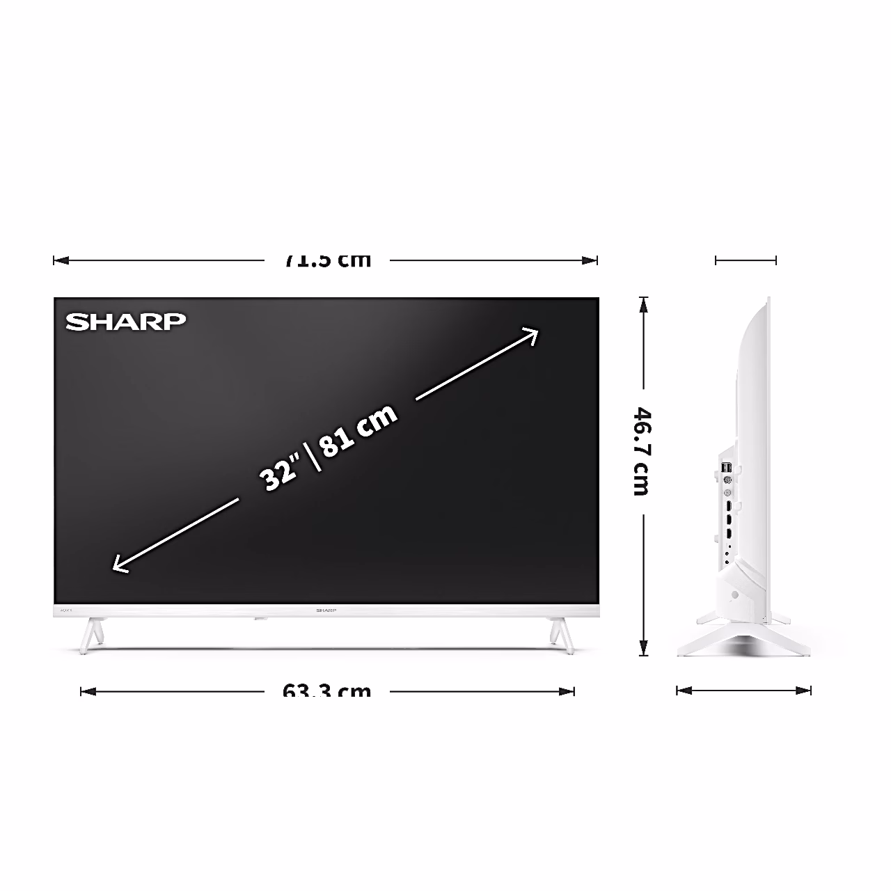 Sharp 32HF2265EW teleri mõõdujoonis, laius 71,5 cm ja kõrgus alusega 46,7 cm