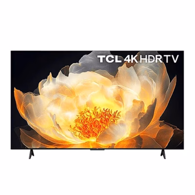 Teler TCL 75V6C eestvaates, ekraanil oranž lill ja TCL 4K HDR TV logo