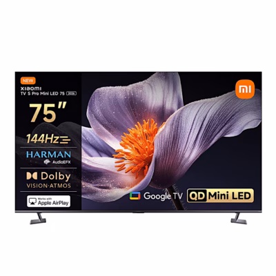 Xiaomi TV S Pro Mini LED 2026 Smart TV eestvaates, ekraanil lill ja funktsioonimärgised