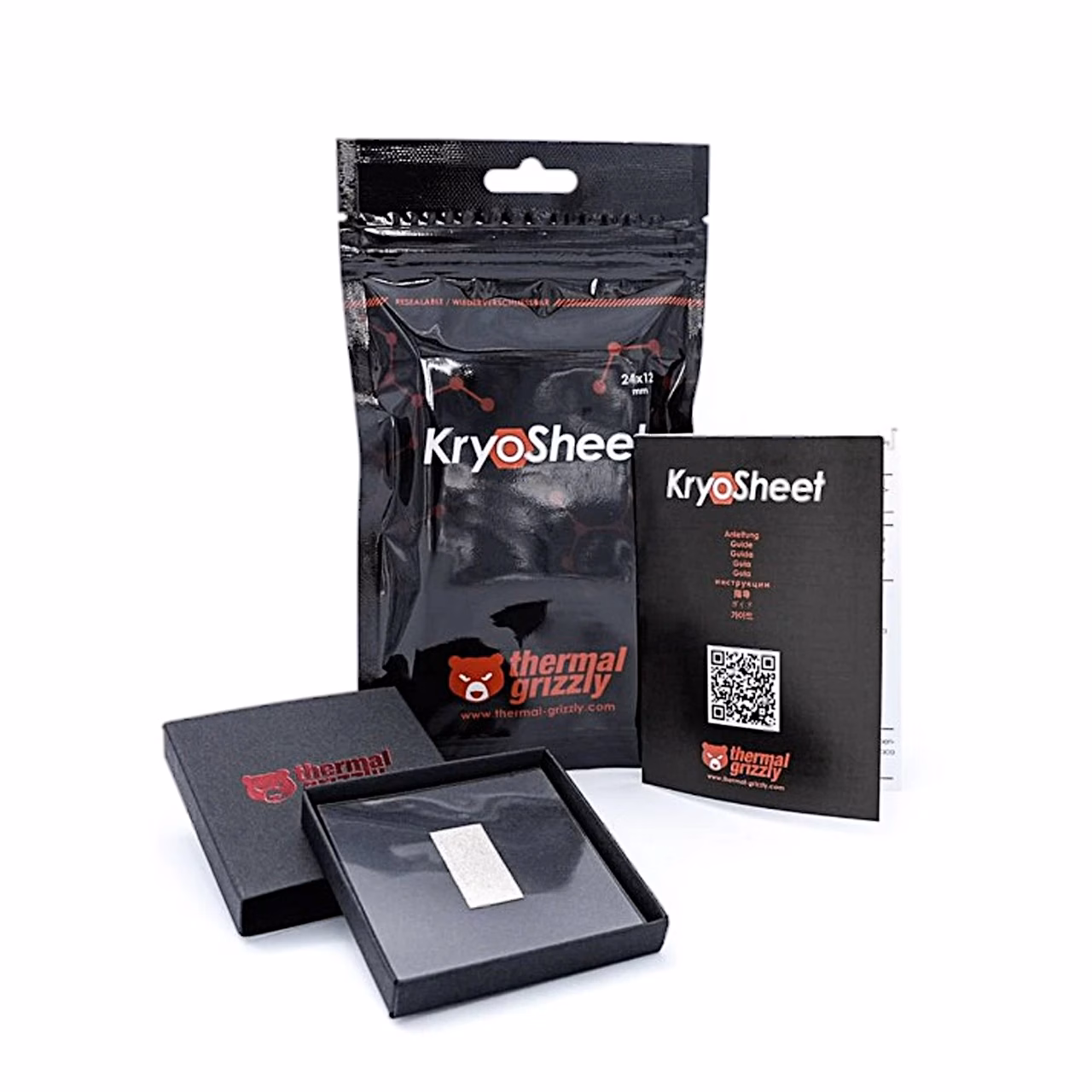 Thermal Grizzly KryoSheet termopadi avatud karbis koos pakendikoti ja juhendiga