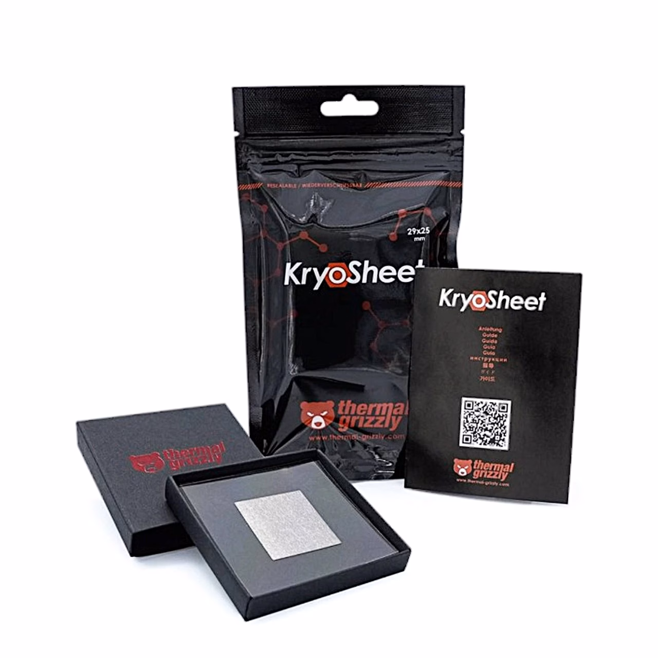 Thermal Grizzly KryoSheet termopadi avatud karbis koos pakendikoti ja juhendiga