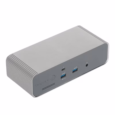 Thunderbolt 5 dokkimisjaam Targus DOCK230EUZ hõbedane korpus esipaneeli poolt