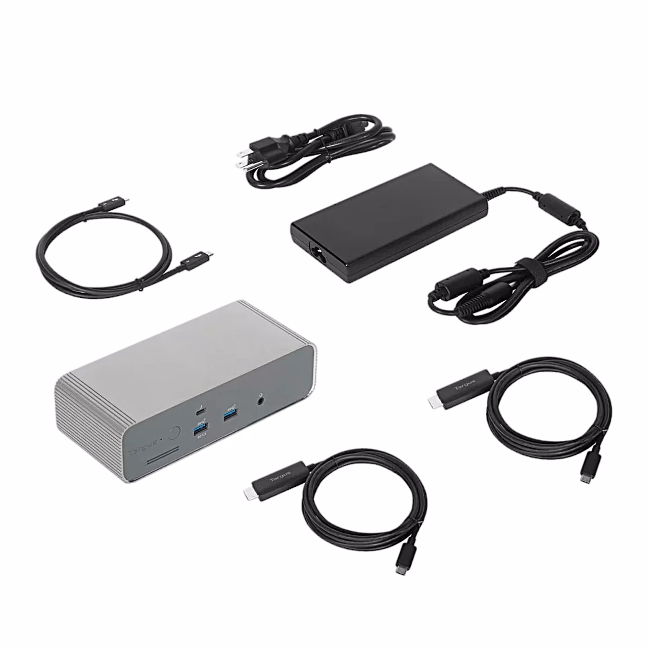 Targus DOCK230EUZ koos toiteploki, Thunderbolt 5 kaabli ja kahe HDMI-kaabliga