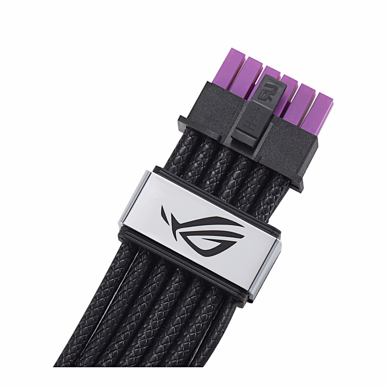 ASUS ROG Equalizer 12 V-2×6 pistik ja ROG-logoga metallklamber lähivaates