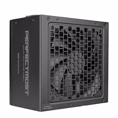 Toiteplokk darkFlash PMT750 ventilaatori ja PERFECTMOST kirjaga küljelt