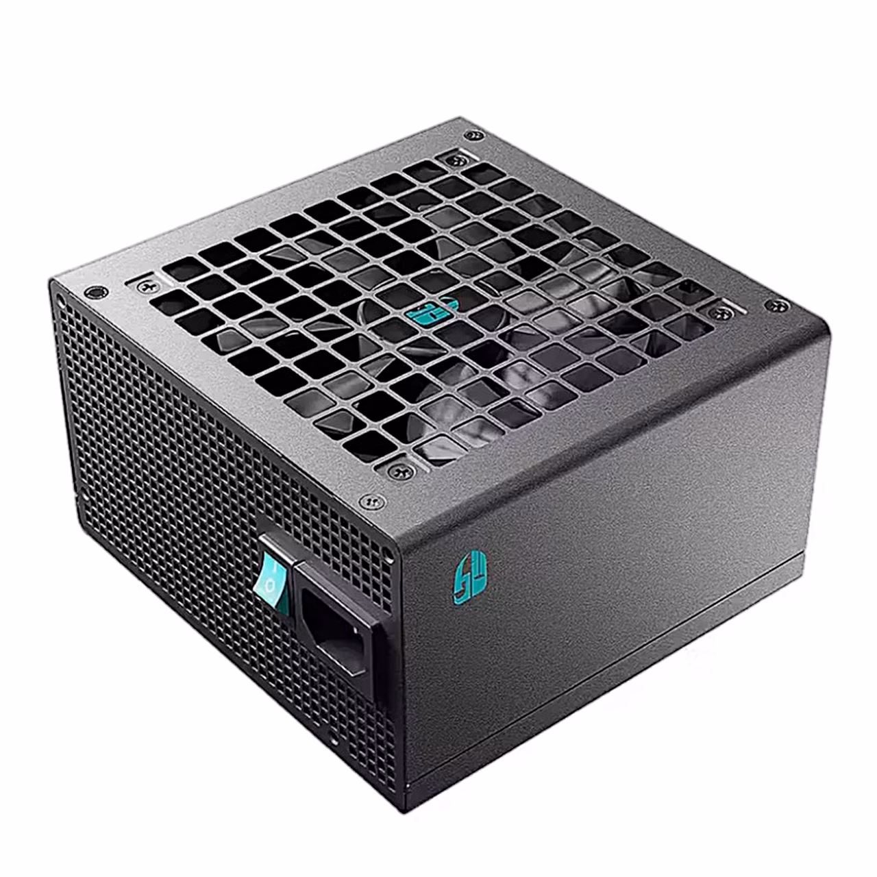 DeepCool PF500X ülaosa ja toitelüliti ning toitejuhtme pesaga külg