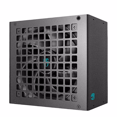 Must toiteplokk DeepCool PQ850G ventilaatori võrega külg viltu eestvaates