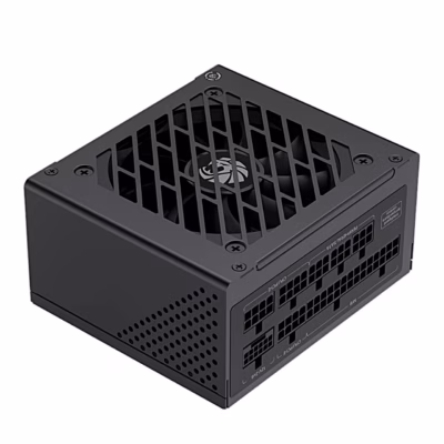 Gamemax GS 650G toiteplokk ülaltvaates ventilaatorivõre ja külgmiste kaablipesadega