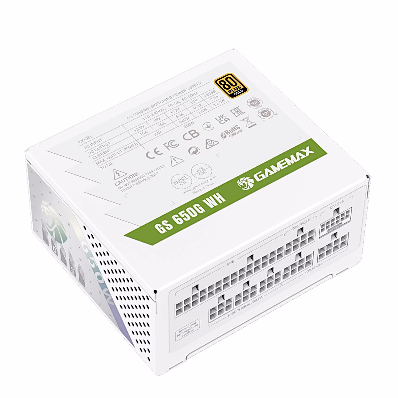 Gamemax GS 650G WH toiteploki külg andmesildi ja rohelise ribaga