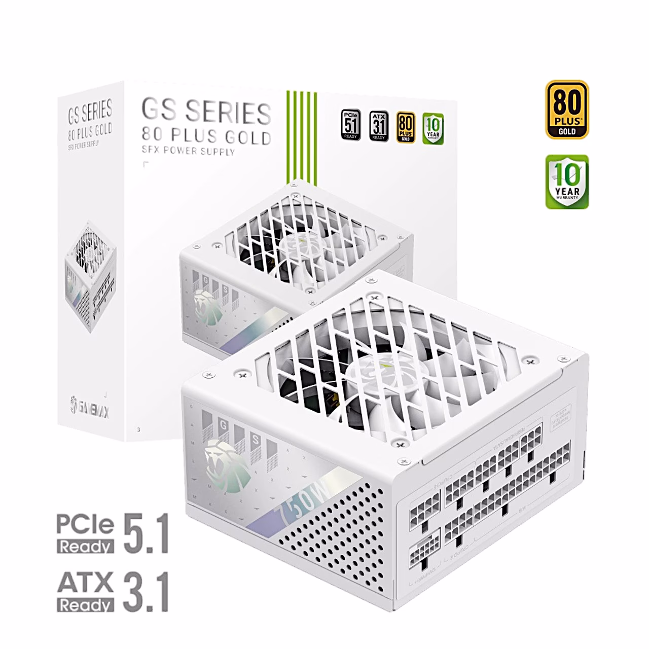 Valge SFX-toiteplokk Gamemax GS 750G WH koos GS-seeria pakendiga