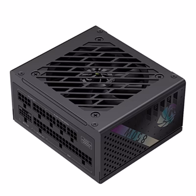 Gamemax GS 850G toiteplokk ülaltvaates ventilaatorivõre ja külgmiste kaablipesadega