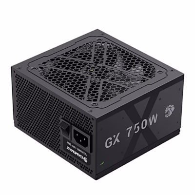 Toiteplokk GameMax GX 750GF toitepesa ja lülitiga külje poolt