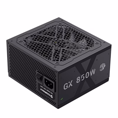 Gamemax GX 850GF toiteplokk toitepesa ja suure GX-kirjaga küljelt