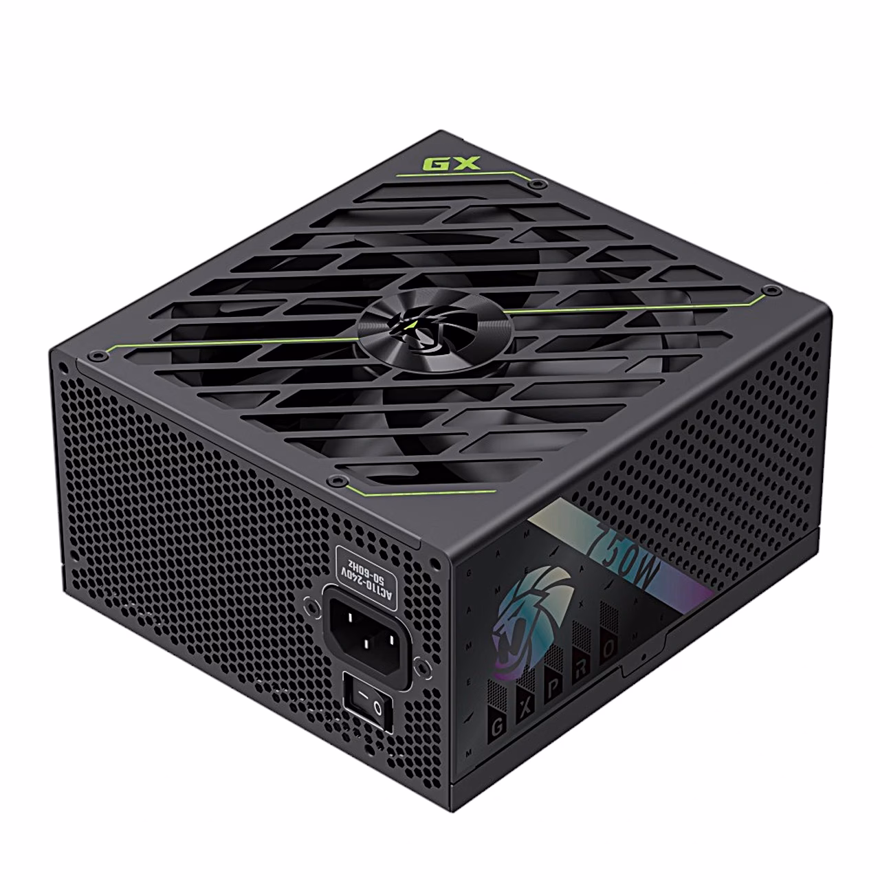 Gamemax GX PRO 750G toiteplokk ventilaatori ja toitepesaga tagapaneeli poolt