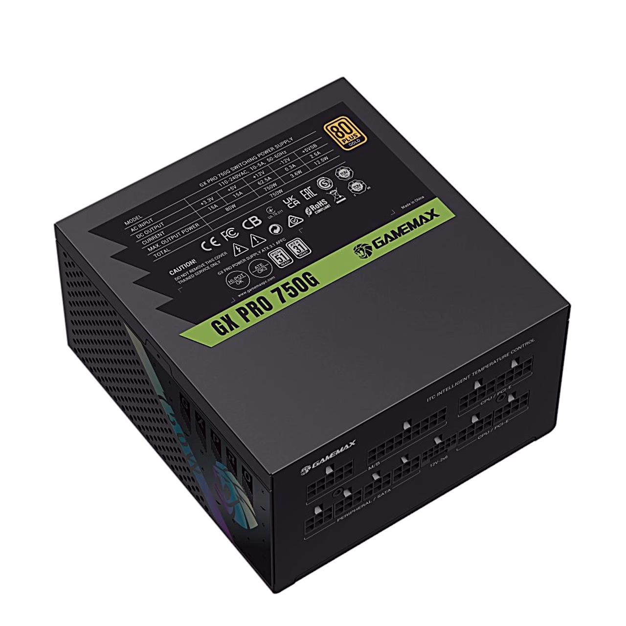 Gamemax GX PRO 750G külgkleebis ja modulaarsete kaablite pesad