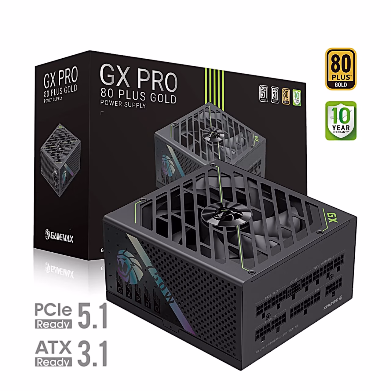Toiteplokk Gamemax GX PRO 750G musta pakendikarbi ees, ATX 3.1 ja PCIe 5.1 tähis