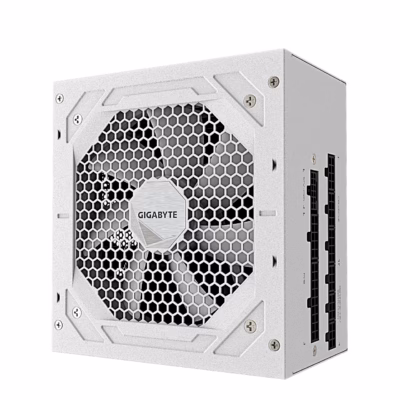 Valge täismodulaarne toiteplokk Gigabyte UD750GM PG5 V2 ICE ventilaatori ja kaablipesadega