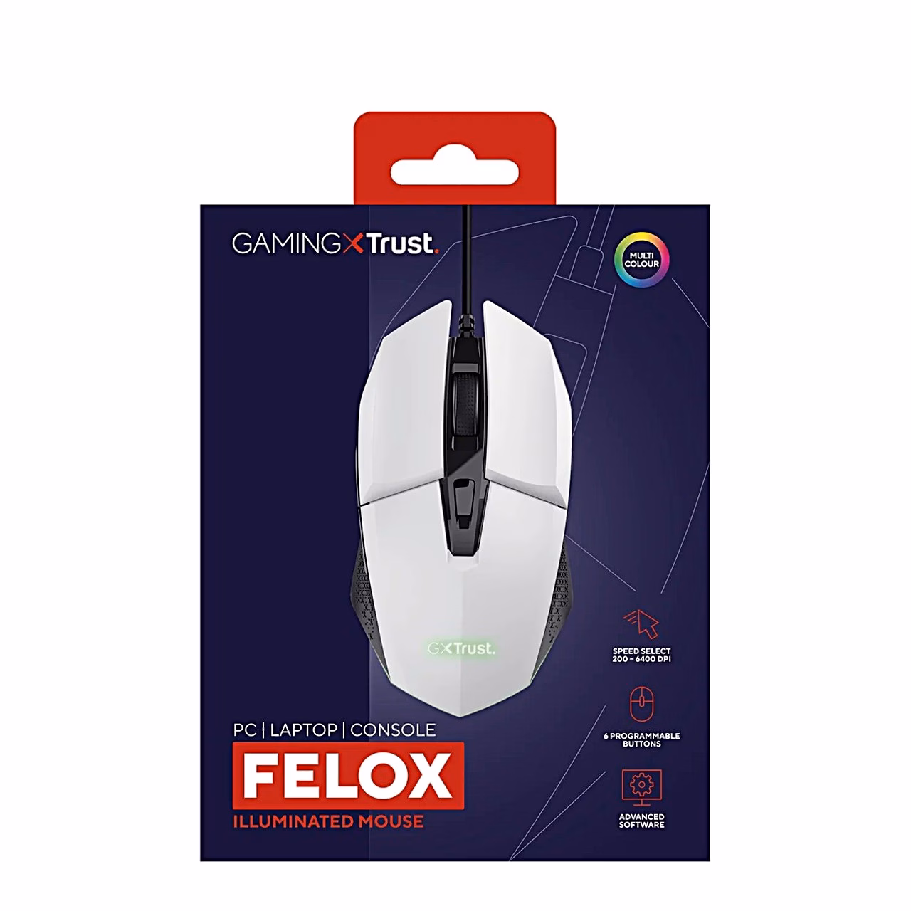 Trust GXT 109W Felox 6400 DPI valge optiline mängurihiir 6 programmeeritava nupu ja RGB-valgustusega, juhtmega USB, paremakäeline