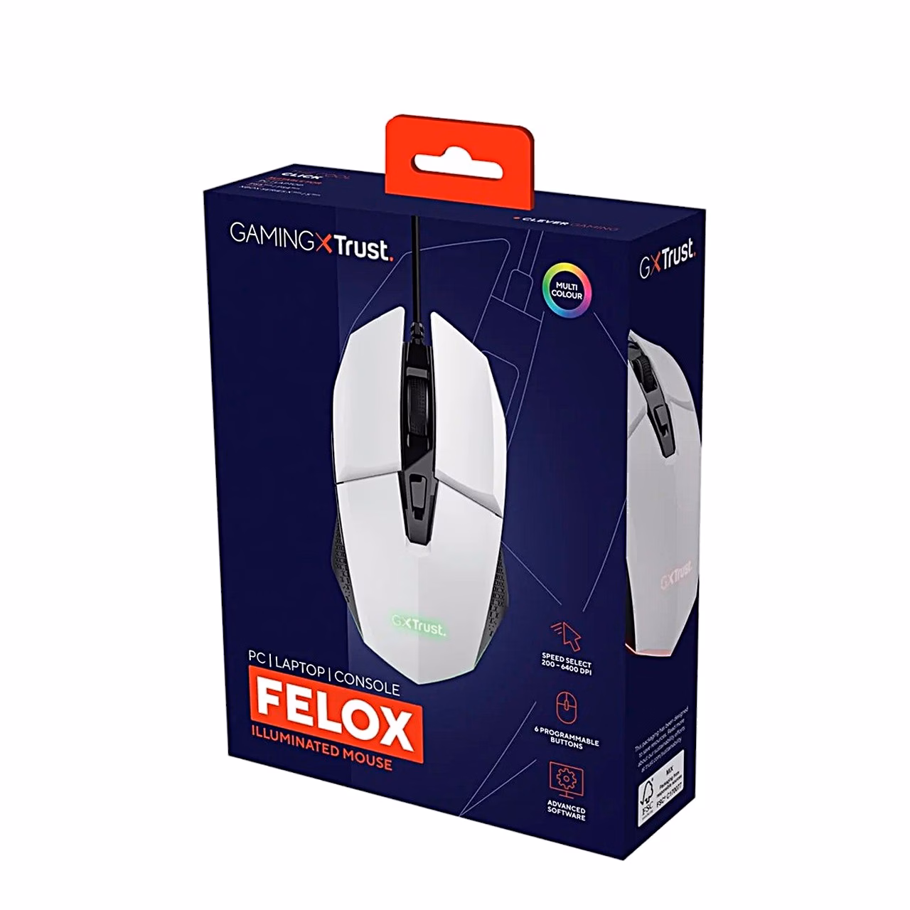 Trust GXT 109W Felox 6400 DPI valge optiline mängurihiir 6 programmeeritava nupu ja RGB-valgustusega, juhtmega USB, paremakäeline