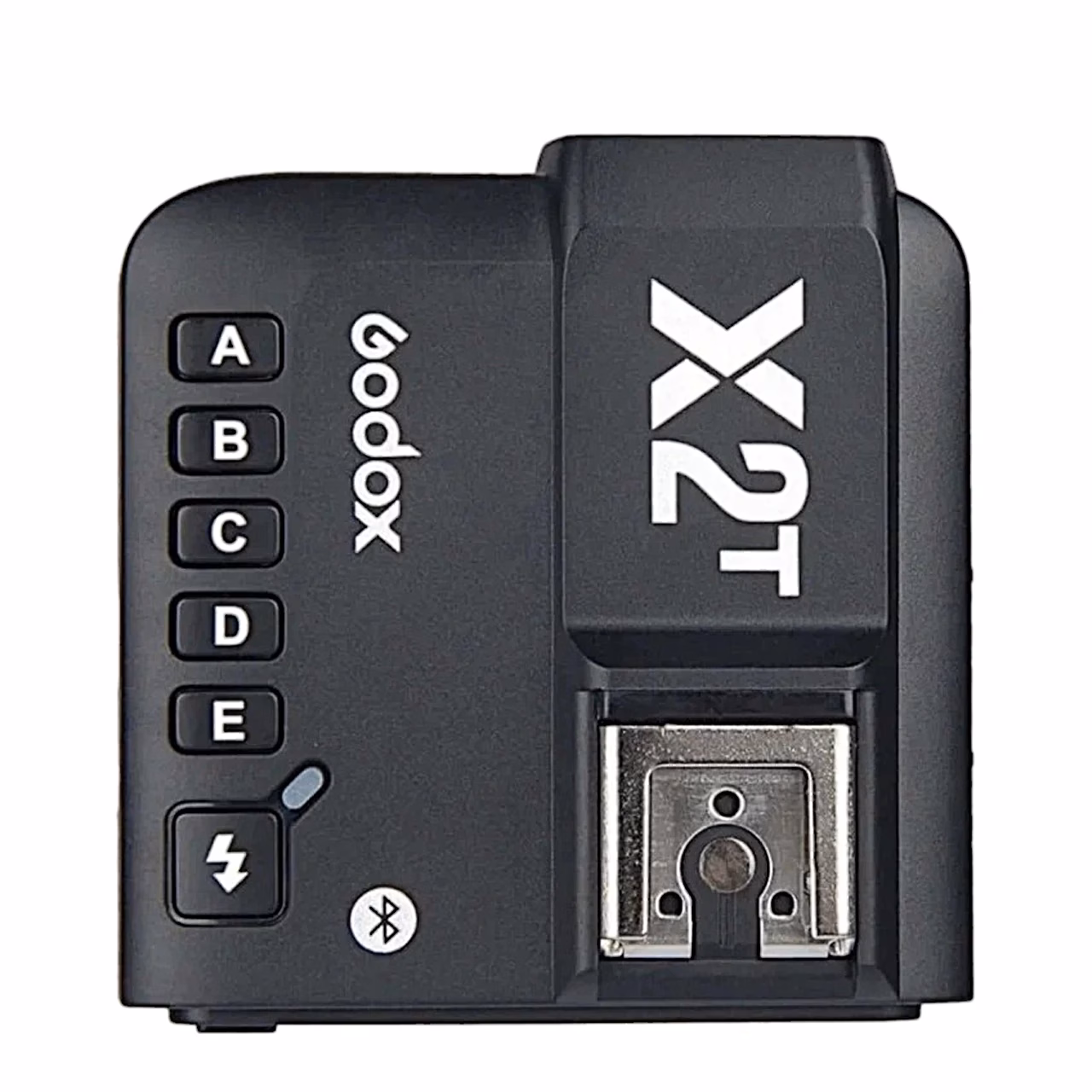 Godox X2T-S välgupäästik pealt, grupinupud A–E ja välgupesa
