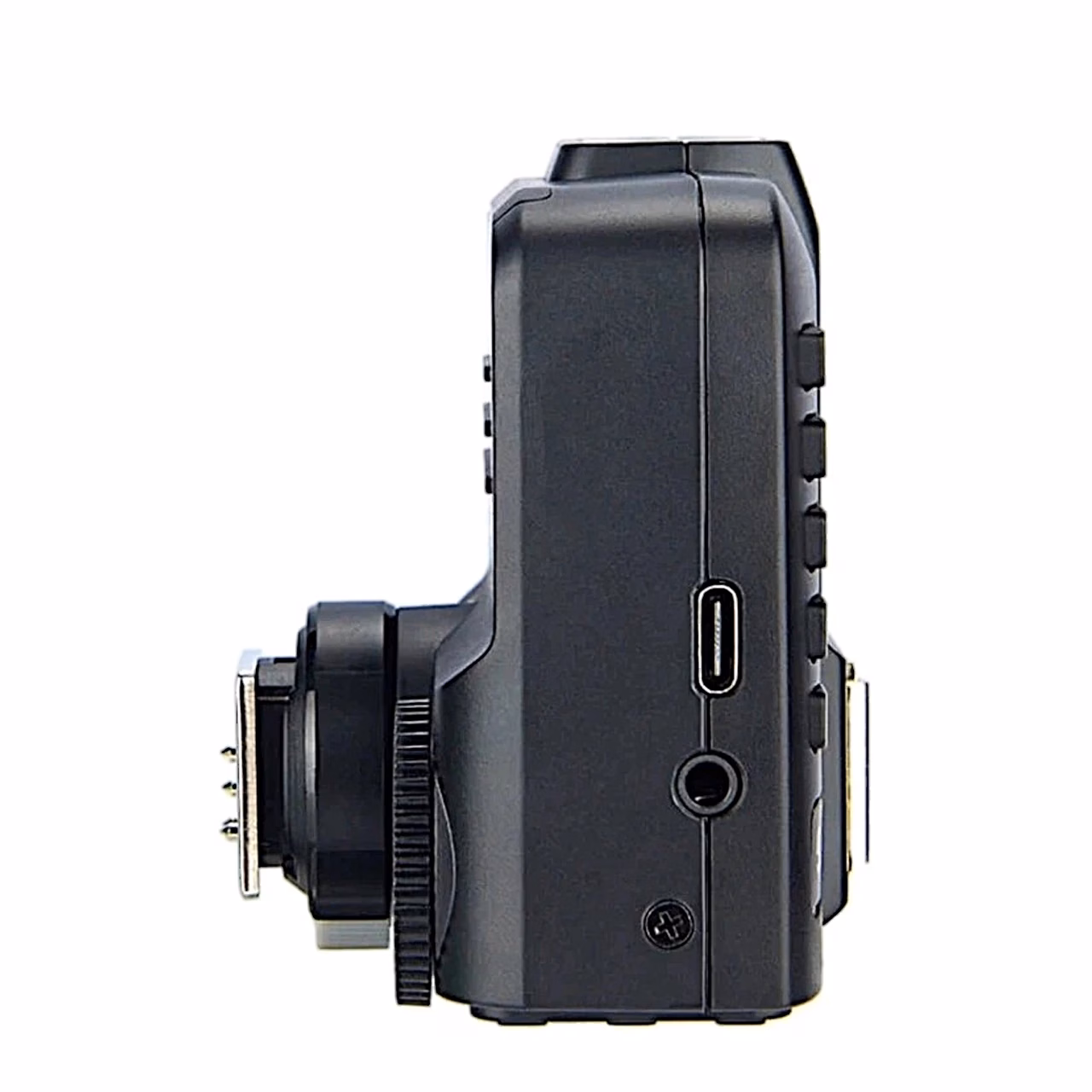 Godox X2T-S välgupäästik küljelt, USB-C-pesa ja kinnitusjalg