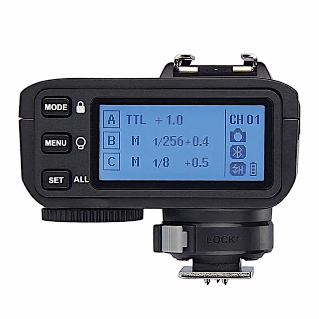 Godox X2T-S päästiku LCD-ekraan kolme grupi režiimi ja võimsusega