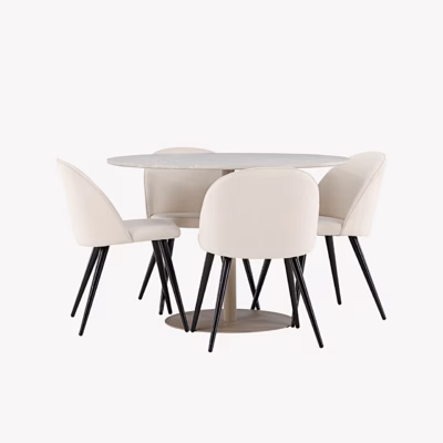 Ümmargune söögilauakomplekt Lycke, beež MDF-laud ⌀ 110 cm ja 4 beeži sametist tooli, GR24389
