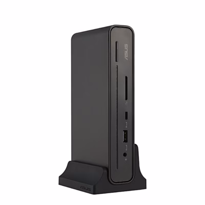 USB-C-dokkimisjaam ASUS DC301 Duo alusel püsti, eestvaade kaardilugeja ja portidega