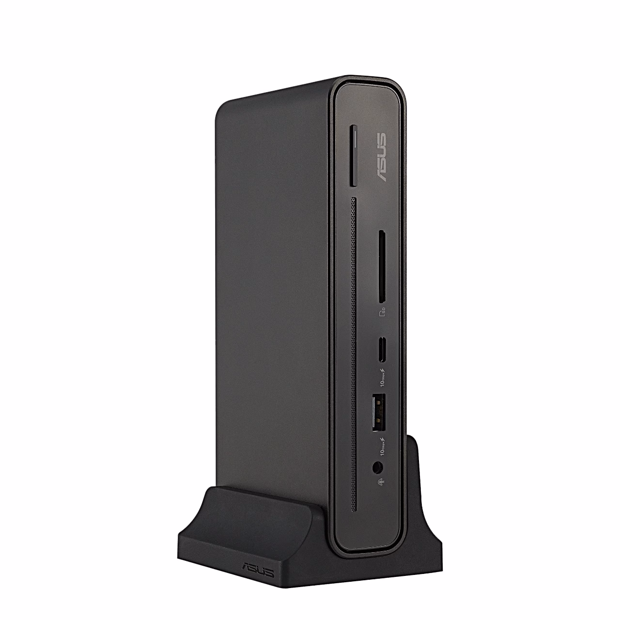 USB-C-dokkimisjaam ASUS DC301 Duo alusel püsti, eestvaade kaardilugeja ja portidega