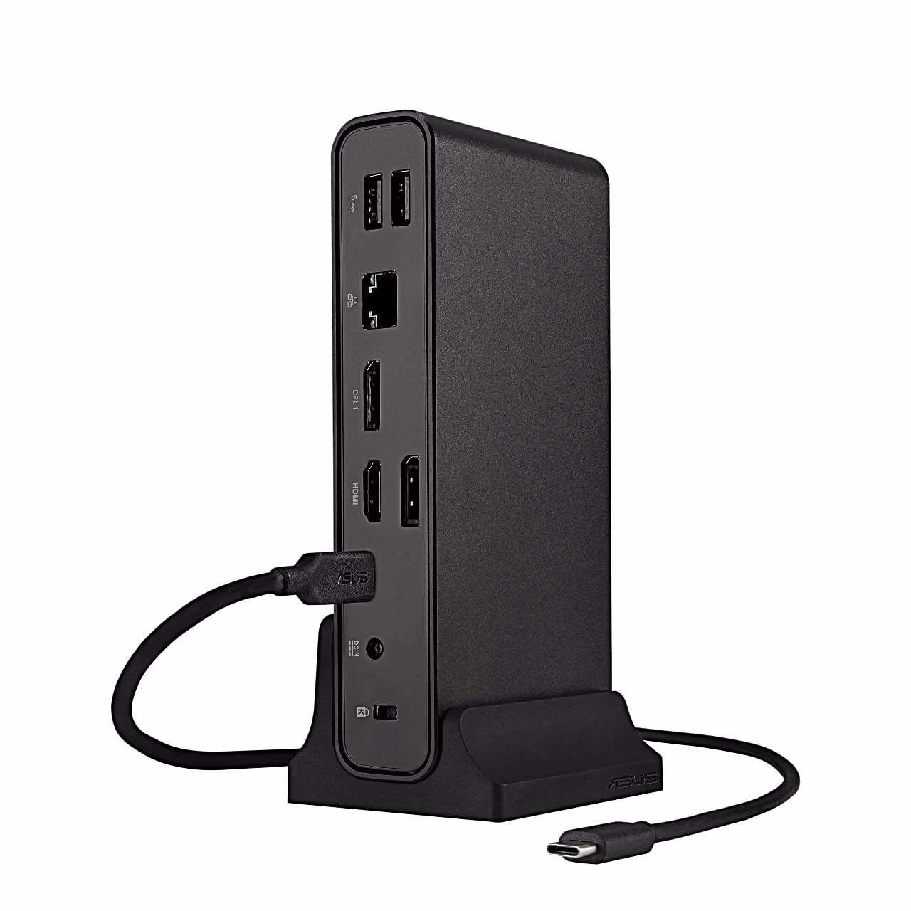 ASUS DC301 Duo tagakülg HDMI-, DisplayPort- ja võrgupordiga, kaabel ühendatud
