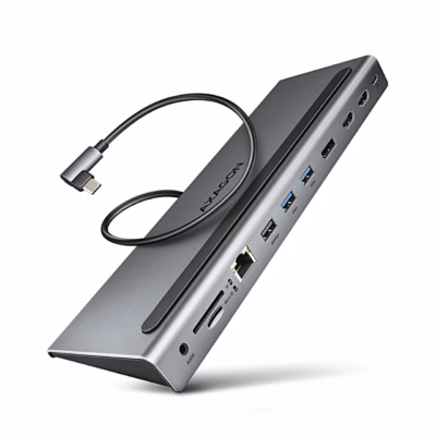 Hall USB-C-dokkimisjaam AXAGON HMC-4KX3 nurgaga USB-C-kaabliga eestvaates