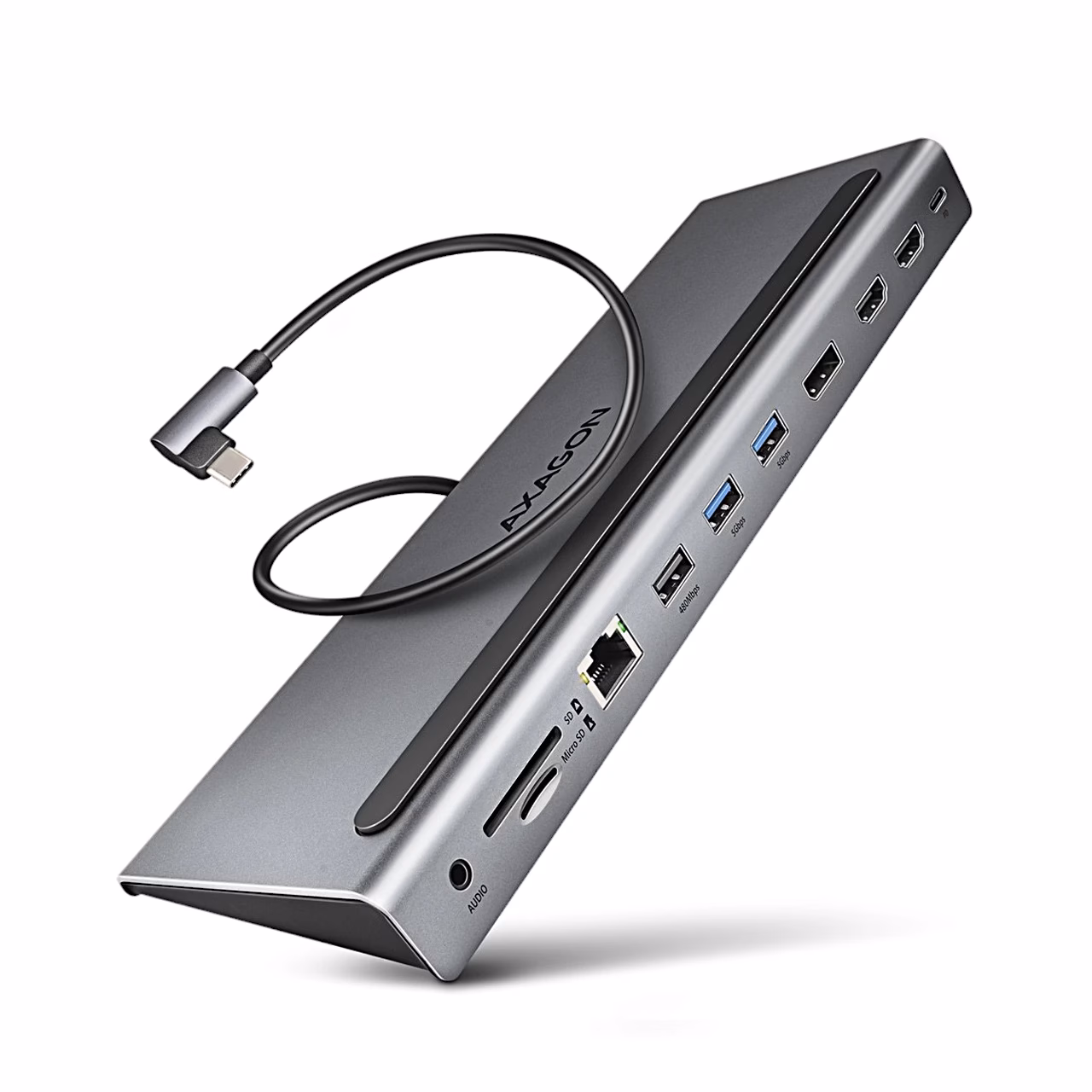 Hall USB-C-dokkimisjaam AXAGON HMC-4KX3 nurgaga USB-C-kaabliga eestvaates