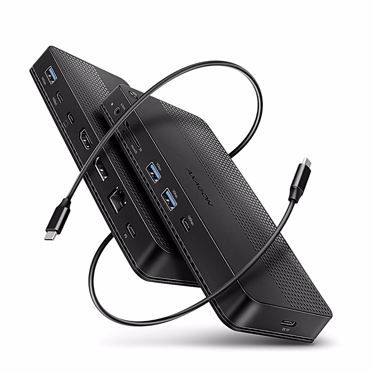 Must USB-C-dokkimisjaam AXAGON HMC-U4 koos kahe ühenduskaabliga nurga alt