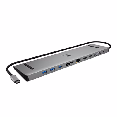 Hall USB-C-dokkimisjaam ICY BOX IB-DK2106a-CPD portidega esikülg ja punutud kaabel