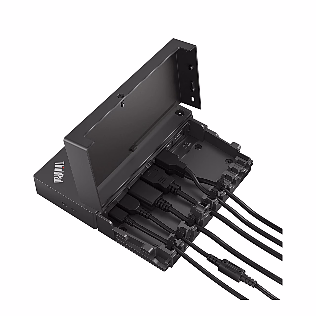 Lenovo ThinkSmart SmartDock avatud kaablikaanega, kaablid ühendatud tagapaneeli