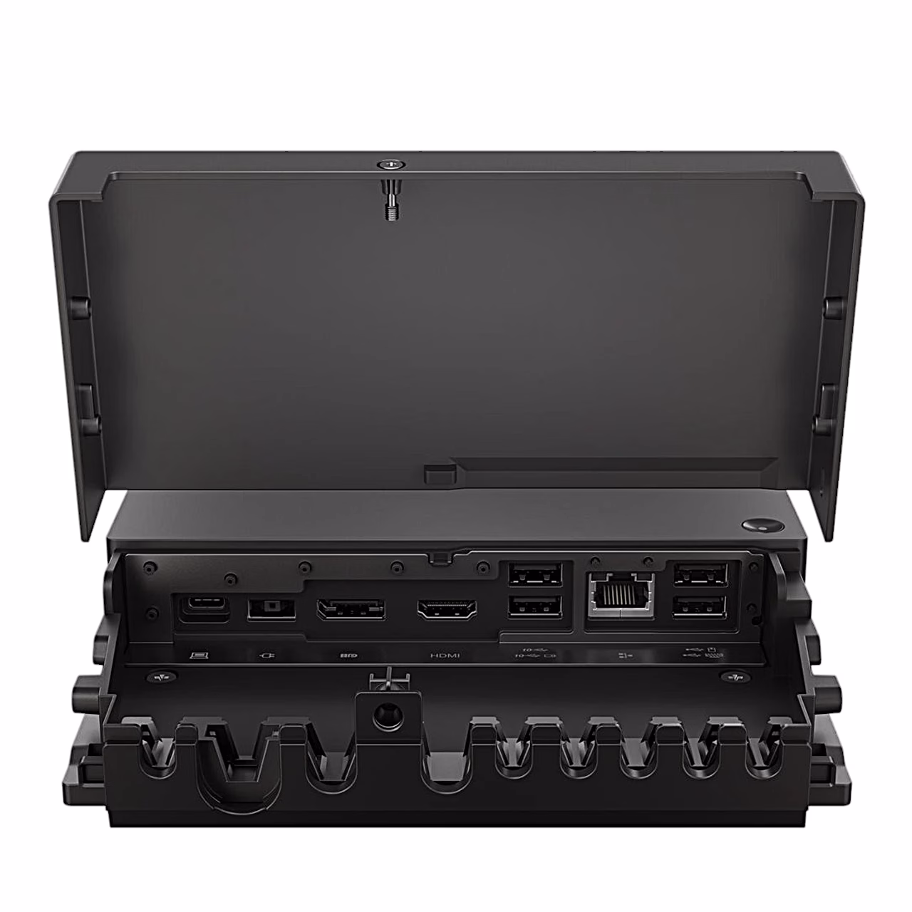 Lenovo ThinkSmart SmartDock avatud kaane all HDMI, DisplayPort, RJ45 ja USB-pordid