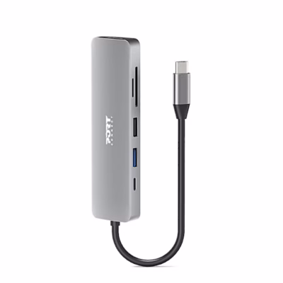 USB-C-dokkimisjaam PORT CONNECT 900162 pealtvaates, pordid ja kaardipesad küljel