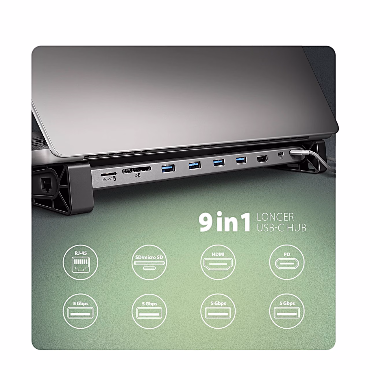 AXAGON HMC-10HLS sülearvuti all, nähtavad USB-A-pordid ja kaardilugeja