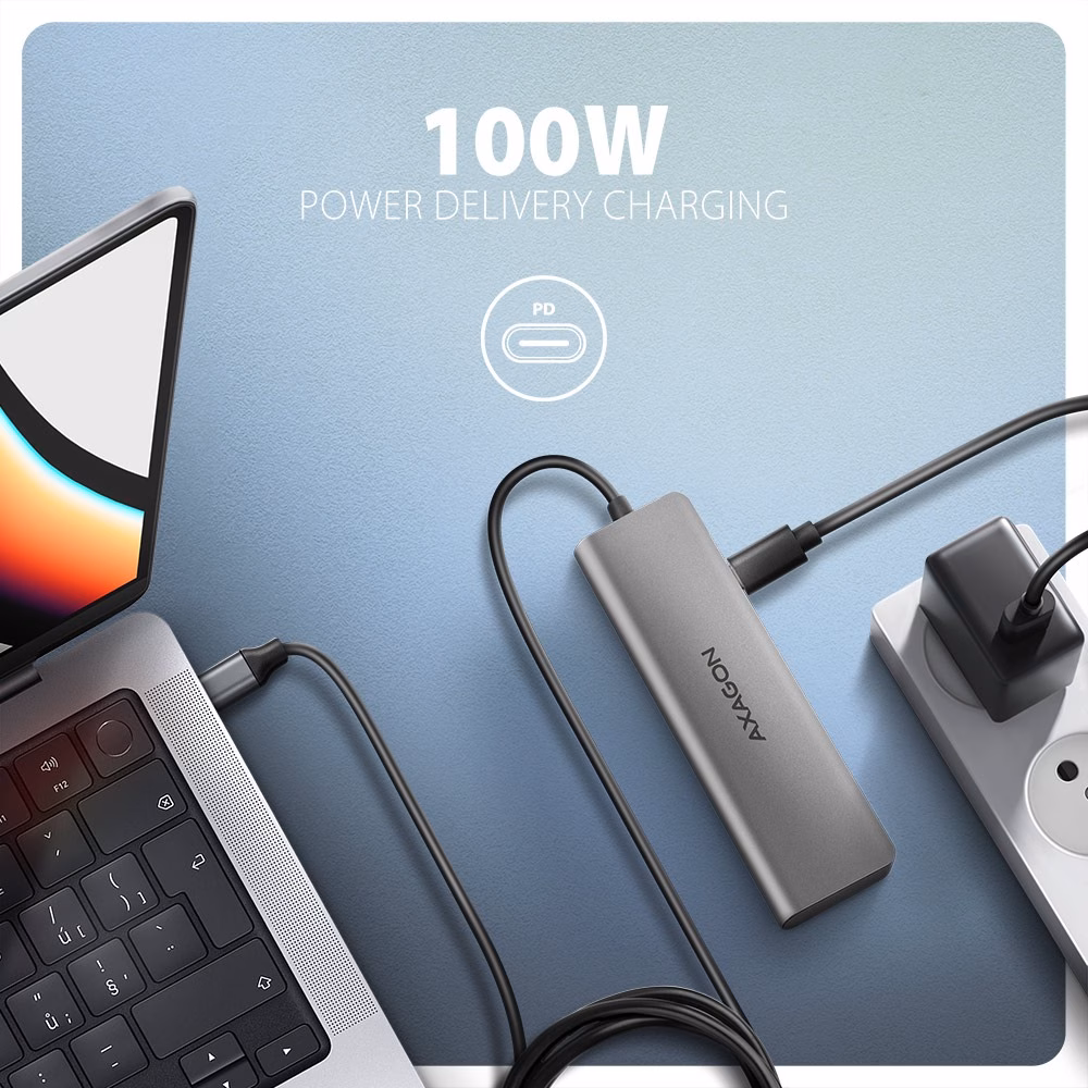 AXAGON HMC-5H ühendatud sülearvuti ja seinalaadijaga USB PD laadimiseks