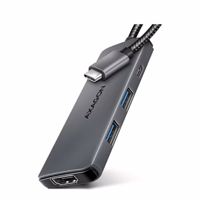 Hall USB-C-jagaja AXAGON HMC-5H8K punutud kaabli ja HDMI-pordiga kaldvaates