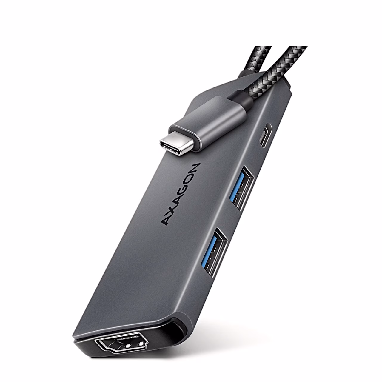 Hall USB-C-jagaja AXAGON HMC-5H8K punutud kaabli ja HDMI-pordiga kaldvaates