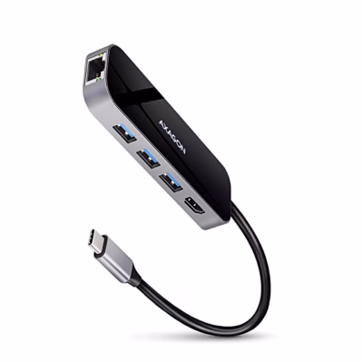 Must ja hall USB-C-jagaja AXAGON HMC-6GL kinnitatud kaabliga kaldvaates