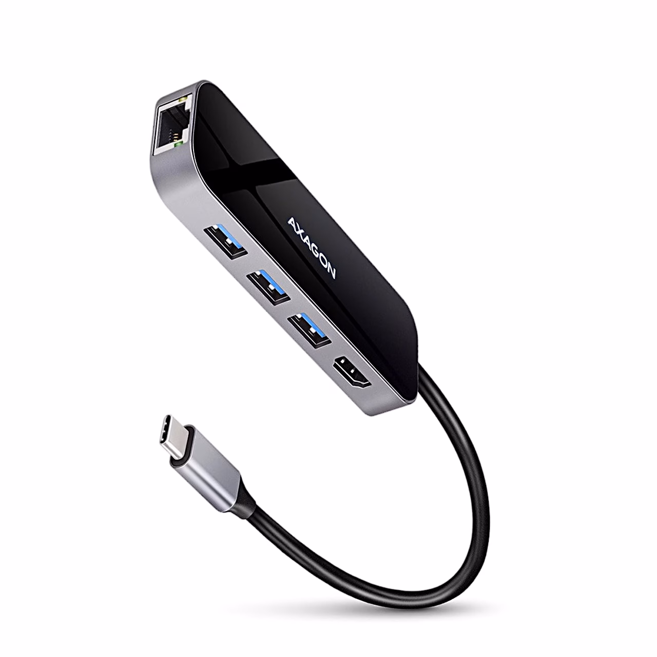 Must ja hall USB-C-jagaja AXAGON HMC-6GL kinnitatud kaabliga kaldvaates