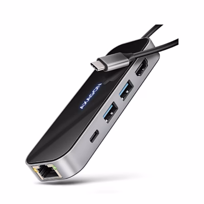 AXAGON HMC-6GLN jagaja RJ-45-port ja USB-pordid valgel taustal